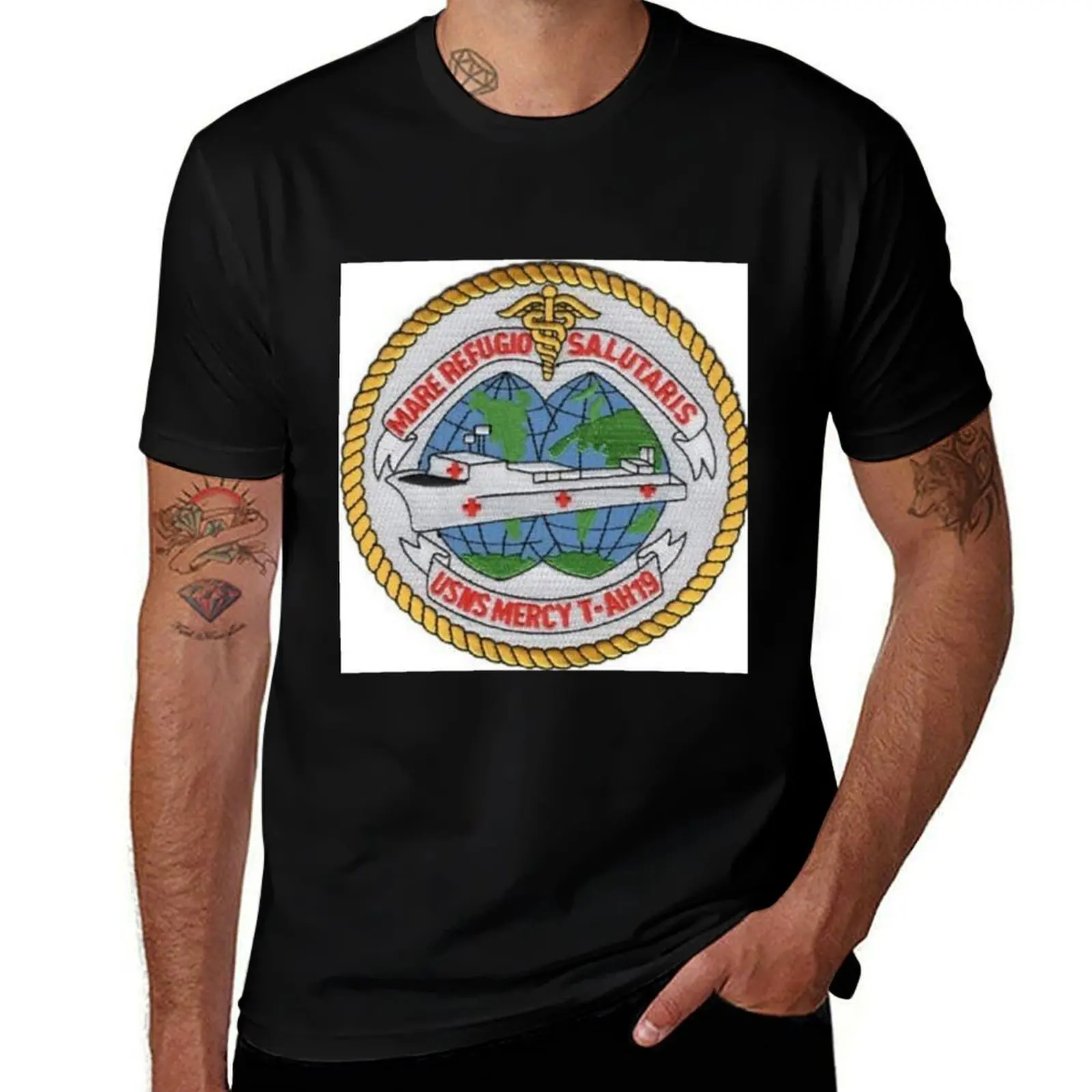 USNS Mercy T-AH-19 Hospital Ship Patch Sticker T-Shirt Casual Trendy Short Sleeve T-Shirt