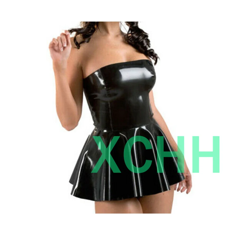 

Latex Gummi Rubber Black Pleated Skirt Daily Wear Tube Top XS－XXL Handmade