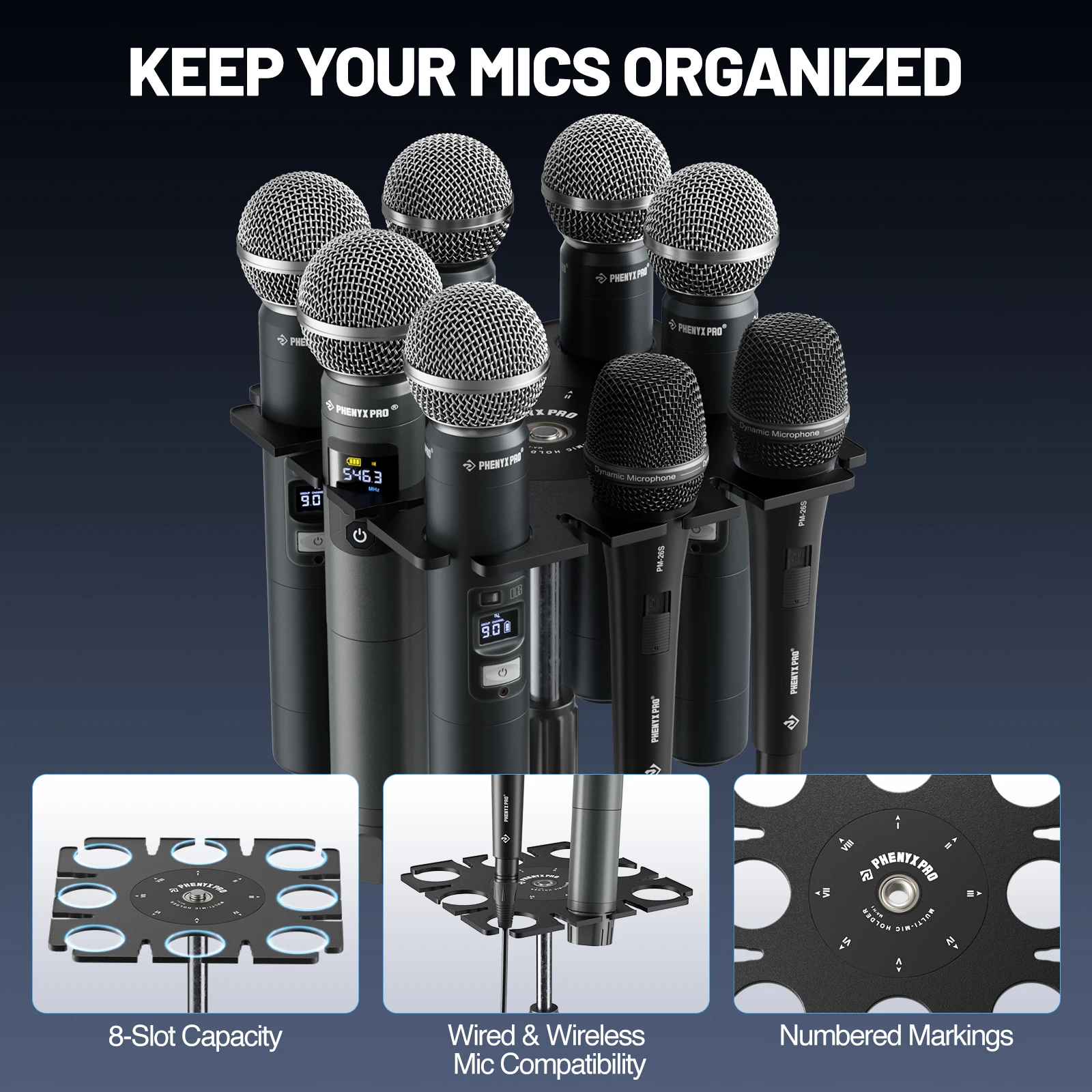 MA-H1 8-Slot Multi-Microphone Holder, Wired & Wireless Handheld Microphone Organizer and Display Phenyx Pro
