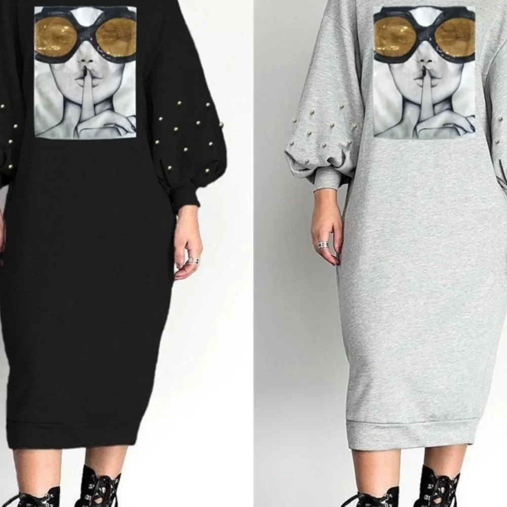 CPSYMYM Fashion Bubble Long Sleeve Beading Sequin Women's Hoodie Dress Spring And Autumn New Casual Printed T Shirt Female Long