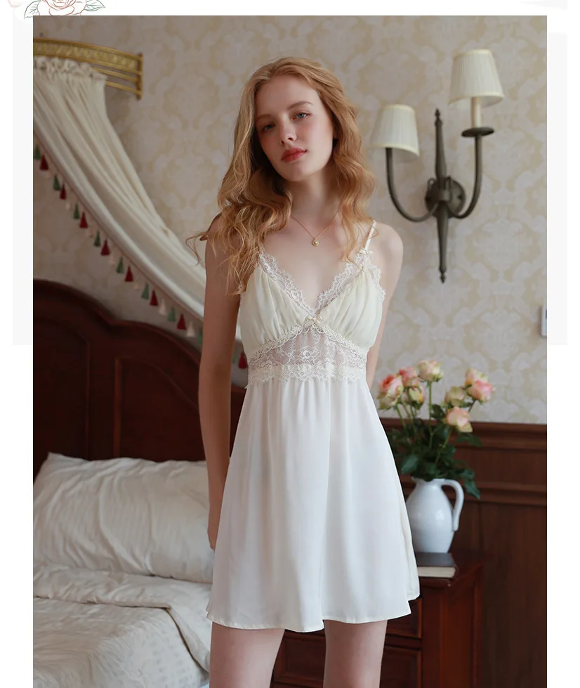 Women\'s Sexy slip Sleepwear summer ice silk Pajamas thin thin lace slip nightdress home wear