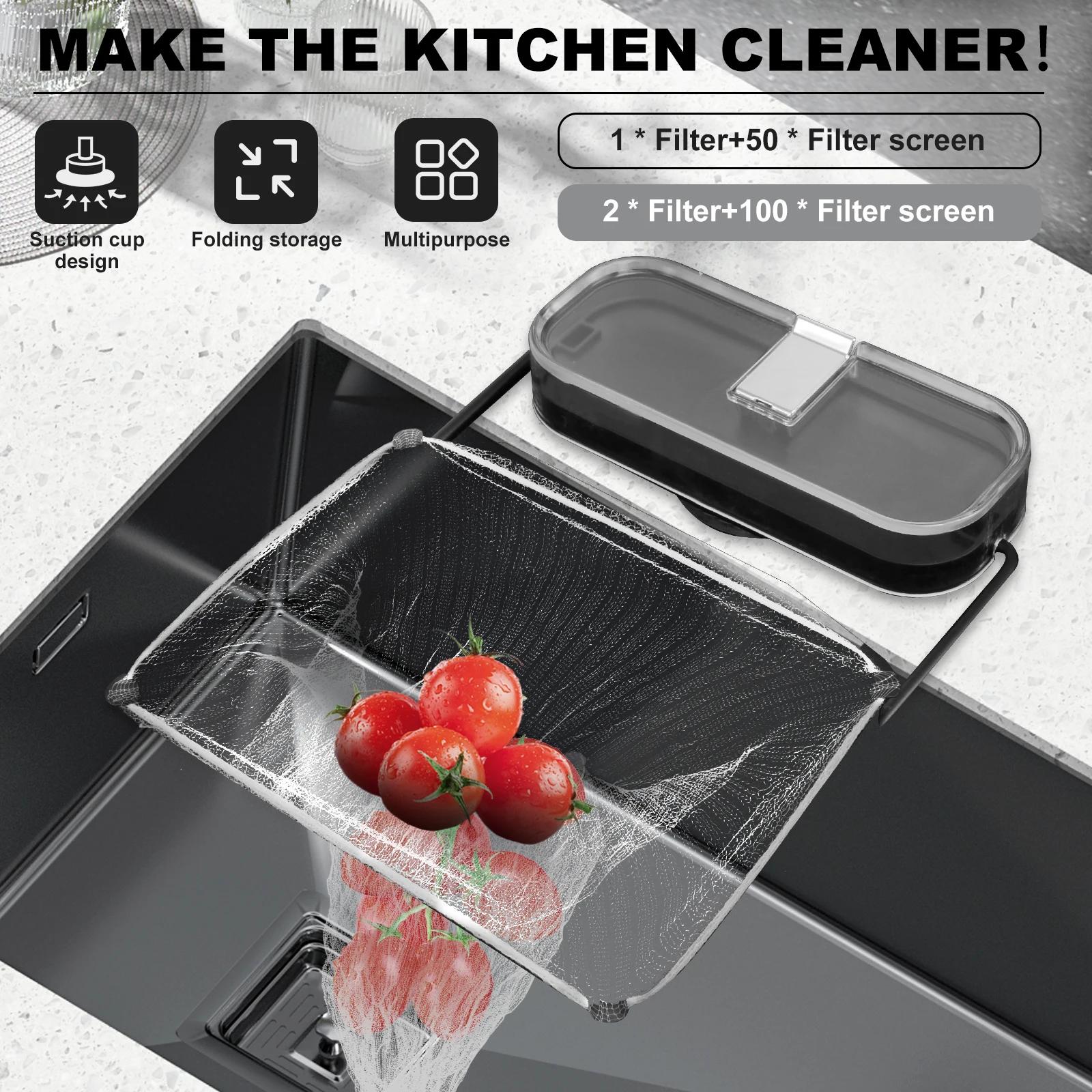 1/2Pcs Suction Cup Sink Filter Rack with 50/100 Filter Mesh Bag Folding Sink Food Catcher Filter Reusable Kitchen Sink Food