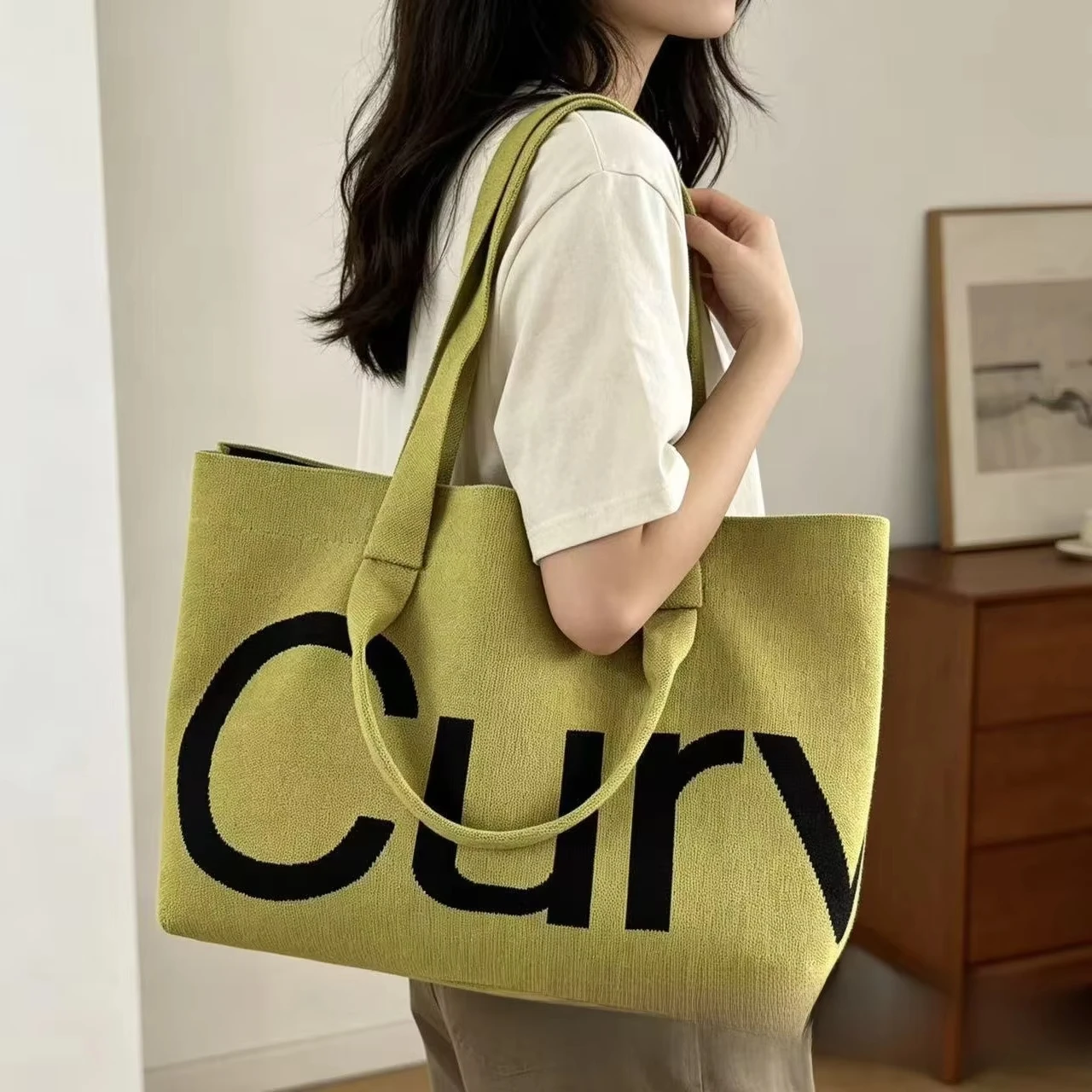 New Knitted Large Capacity Women's Handbag Wear-Resistant Letter Tote Bag Crossbody Bag Casual Travel Polyester Material