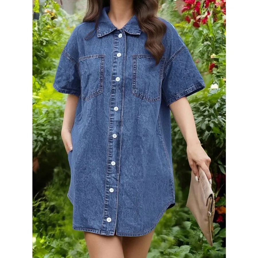 

【New style】Women's Denim Shirt Dress Solid Color Short Sleeve Lapel Button Down Loose Mini Dress Casual Work Dress
