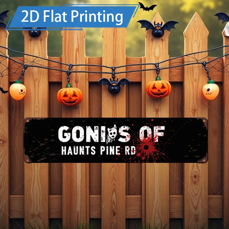 

1 шт. металлический знак, 4x16 дюймов, знак «Хэллоуин Haunts Pine Rd» — 2D плоская печать, декор «Жуткий тыква и летучая мышь»