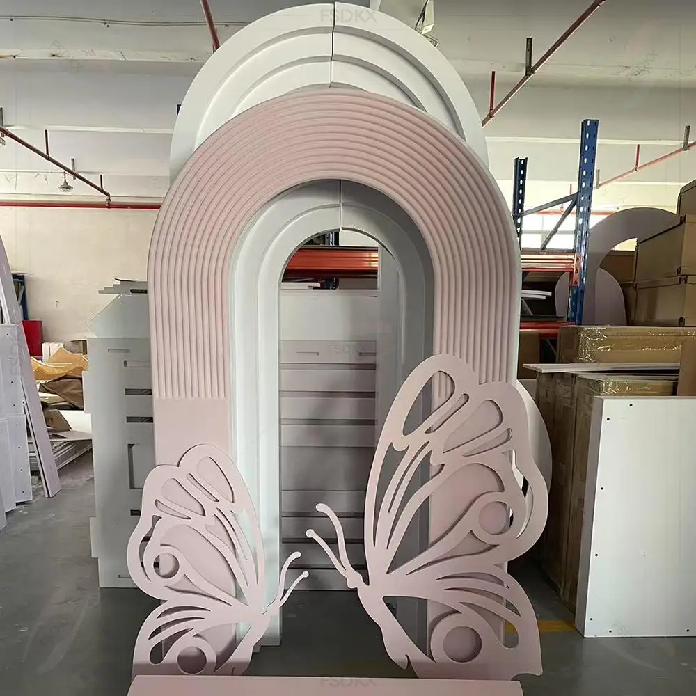FSDKX Whole Wedding Props Floral Pink Backdrop Set 3D Ripple Arch Stand Arc Arch Backdrop with Cake stand