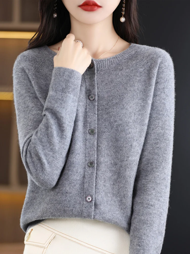 Women O-Neck Cashmere Cardigan 100% Merino Wool Sweater Buttoned Long Sleeve Knitwear For Spring Autumn Solid Basic Top Clothing