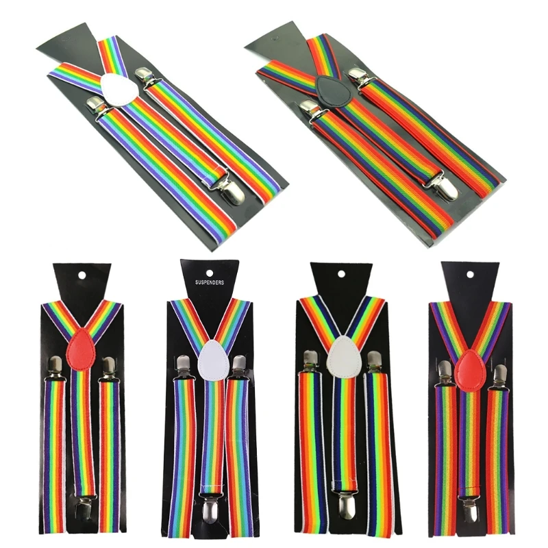 

652F Men Women Wide Adjustable Straps Y-Back Suspenders Rainbow Colorful Vertical Striped Elastic Belt with Metal Clips