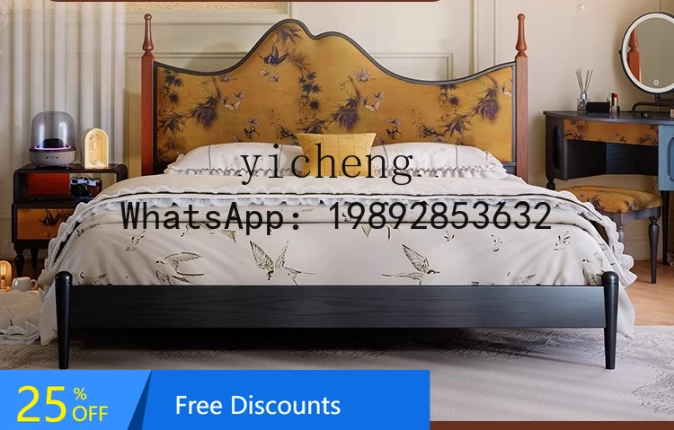 

AA retro solid bedroom antique double bed wedding bed fabric soft bag