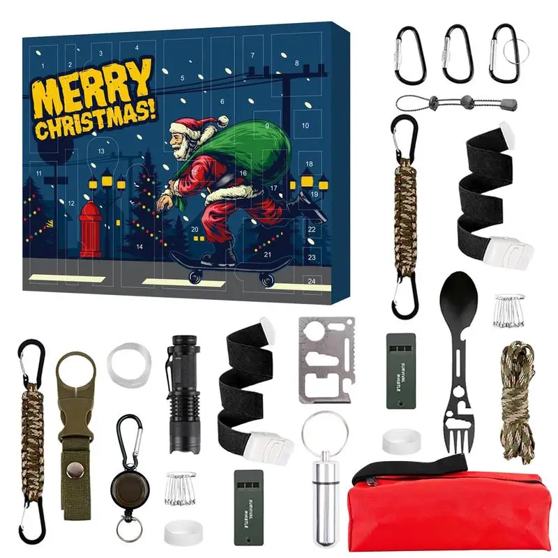 Survival Tools Advent Calendar 24-Day Christmas Countdown Calendar Festive Practical Survival Kits for Christmas Hiking Fishing