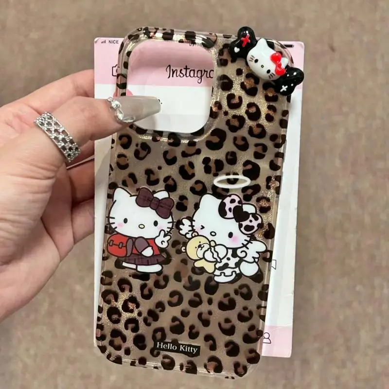 Hello Kitty Leopard Patterned Apple Phone Case 15promax 14pro Phone Case 13/12/11 Soft Case XR XS Apple phone protective Shell