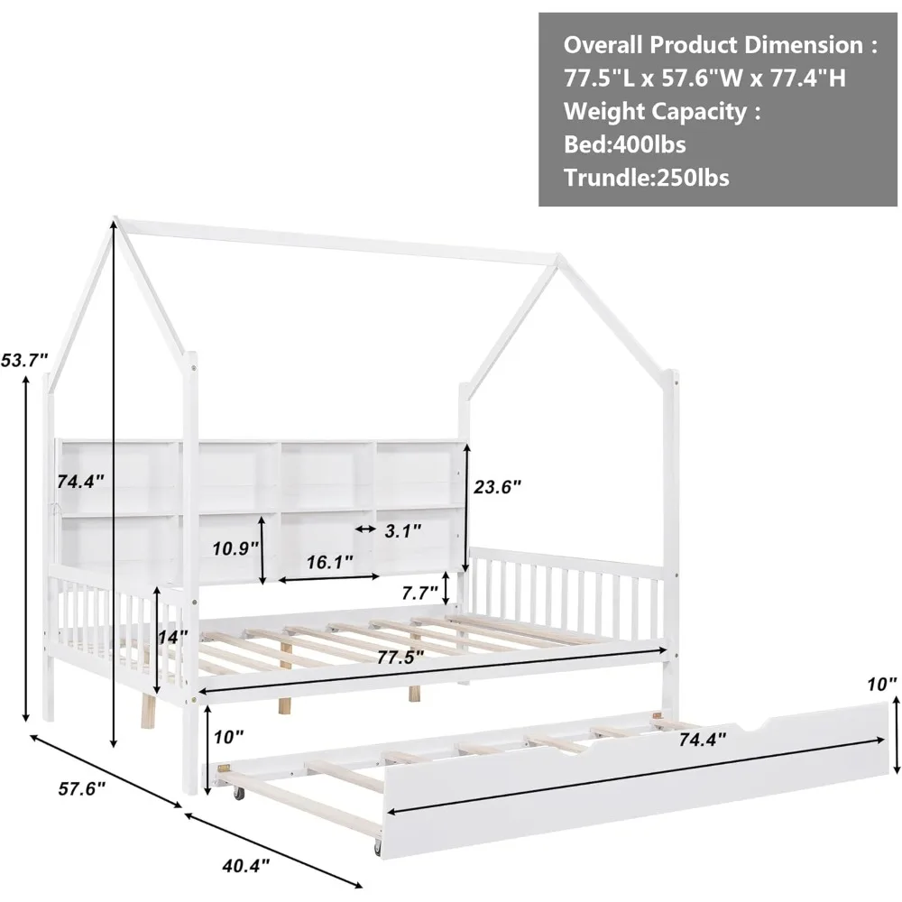 Full House Bed with Trundle, Headboard and Storage Shelves, Wood Play House with 14