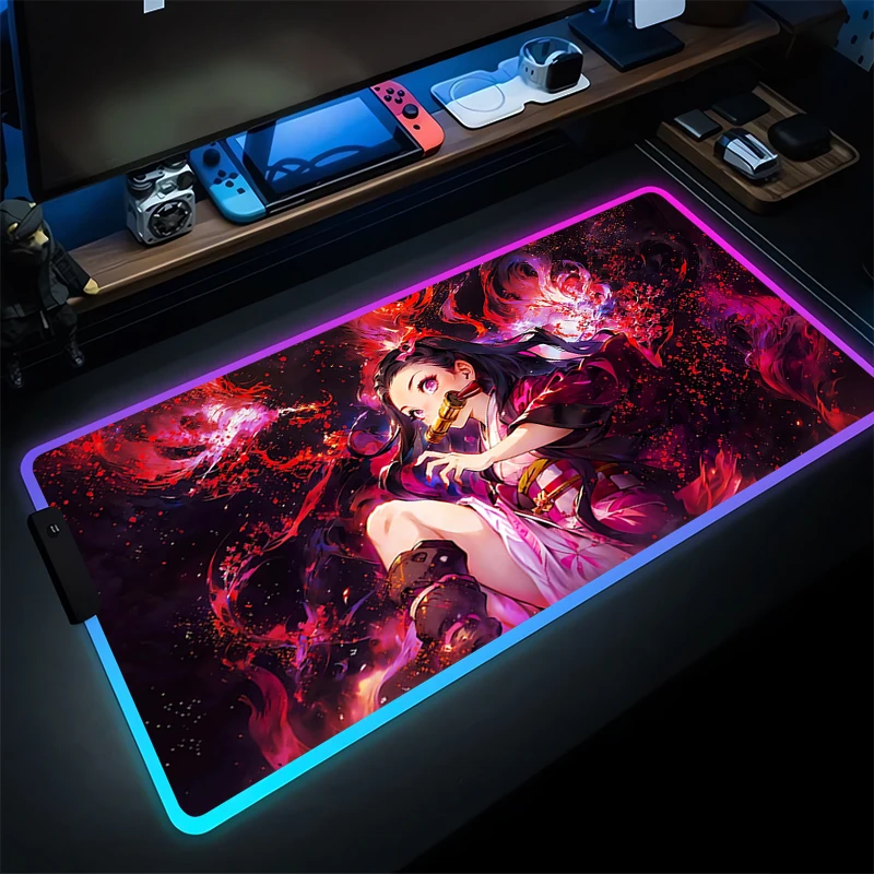 

LED Mouse Pad PC Gaming Accessories Gamer Keyboard Pad Laptop Demon Slayer Kamado Nezuko Desk Mouse Mat RGB Anime Girl Mousepad