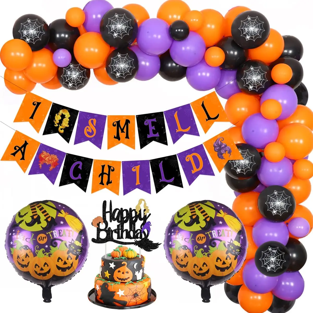 

Halloween Witch Theme Black Orange Purple Balloon Garland Kit I Smell A Child Banner Cake Topper Baby Shower Party Supplies