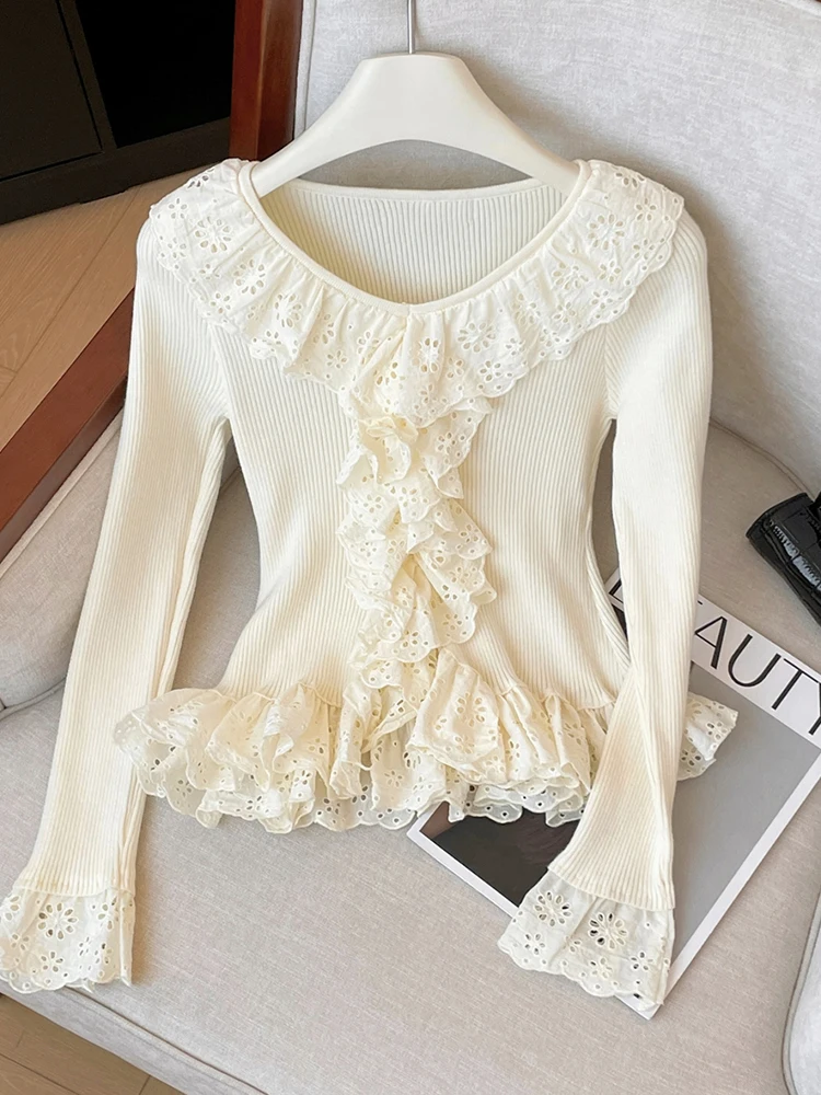 Autumn Winter Woman Vintage Ballet Core Pullovers Ruffle Sweater Old Money Sweater Long Sleeve Knitwears Elegant Mori Girl Kpop