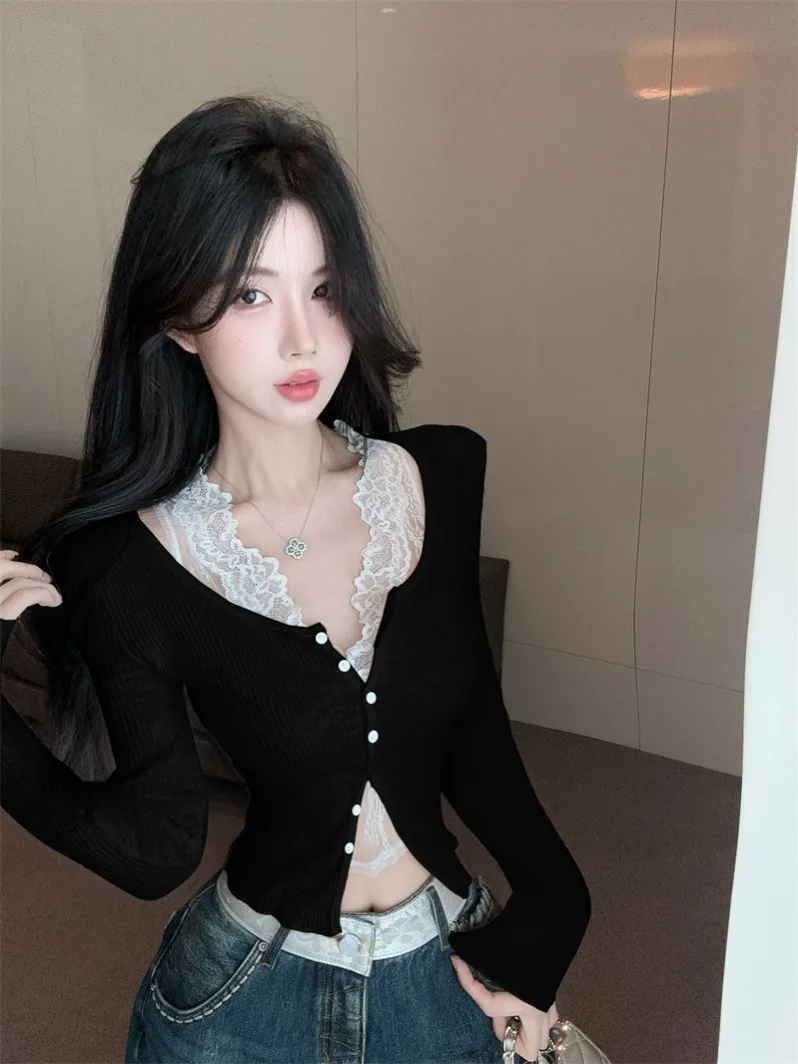 

Женская футболка Spicy Girl Pure Desire с кружевным воротником и длинными рукавами, весенняя новинка, эффект двухслойности, абсолютно потрясающий дизайн.