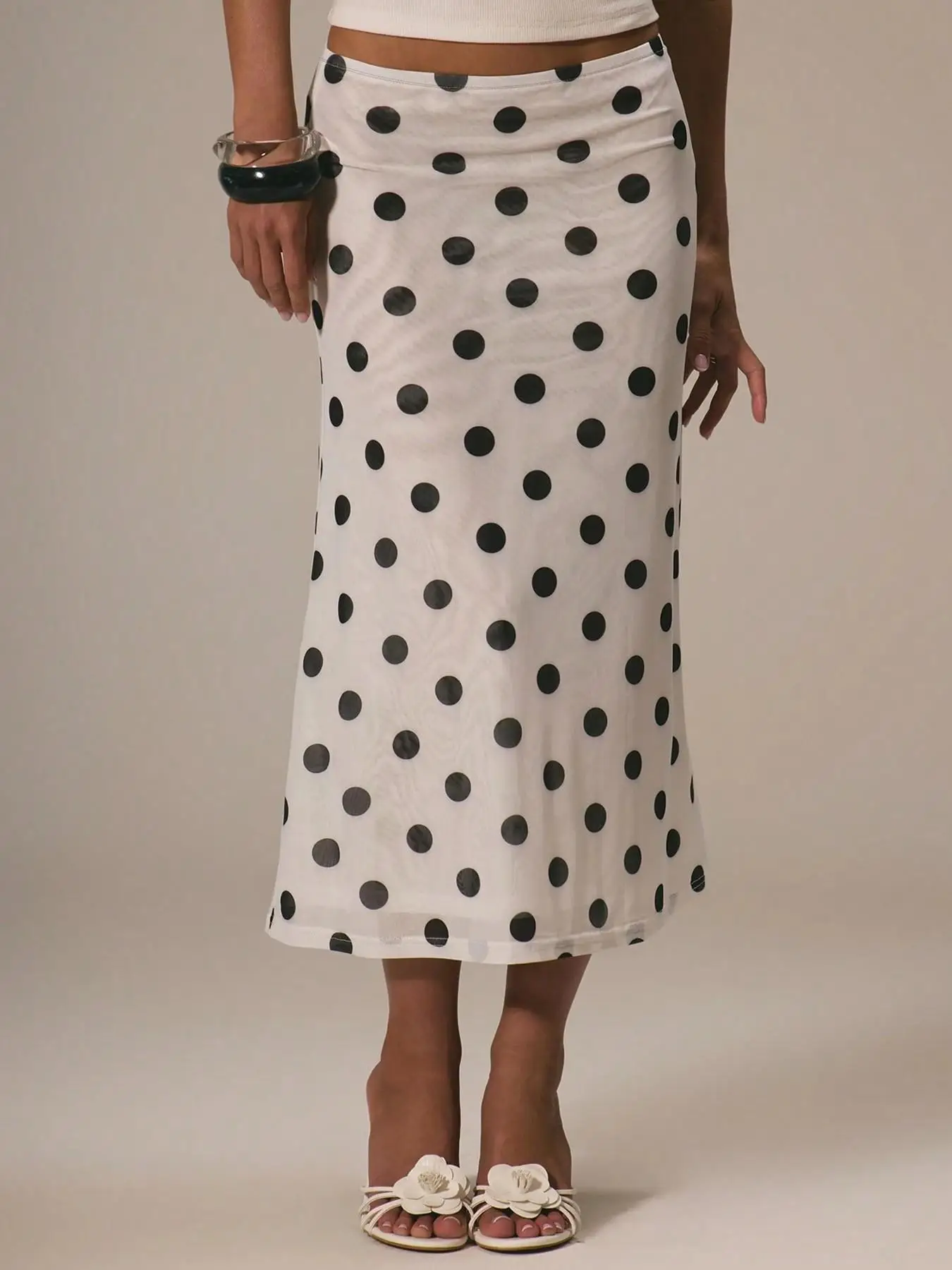 Women's Polka Dot See through Mesh Midi Skirt Full Lining Design Low Waist Cut Flared Hemline Single Piece Gauze Skirt