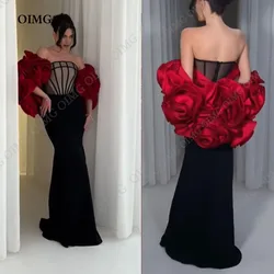 OIMG Red Strapless Evening Elegant Vintage Classic Black Flowers Cape Sleeves Formal Occasion Prom Dresses Party Evening Gowns