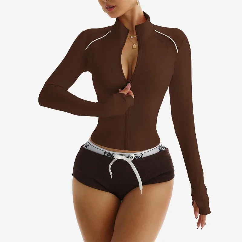 سترة اليوغا النسائية كتلة اللون البريدي الأمامي اقتصاص سترة طويلة الأكمام اللياقة البدنية أعلى الخصر Cinching عارضة أنيقة الرياضة إلى طبقة الشارع #6