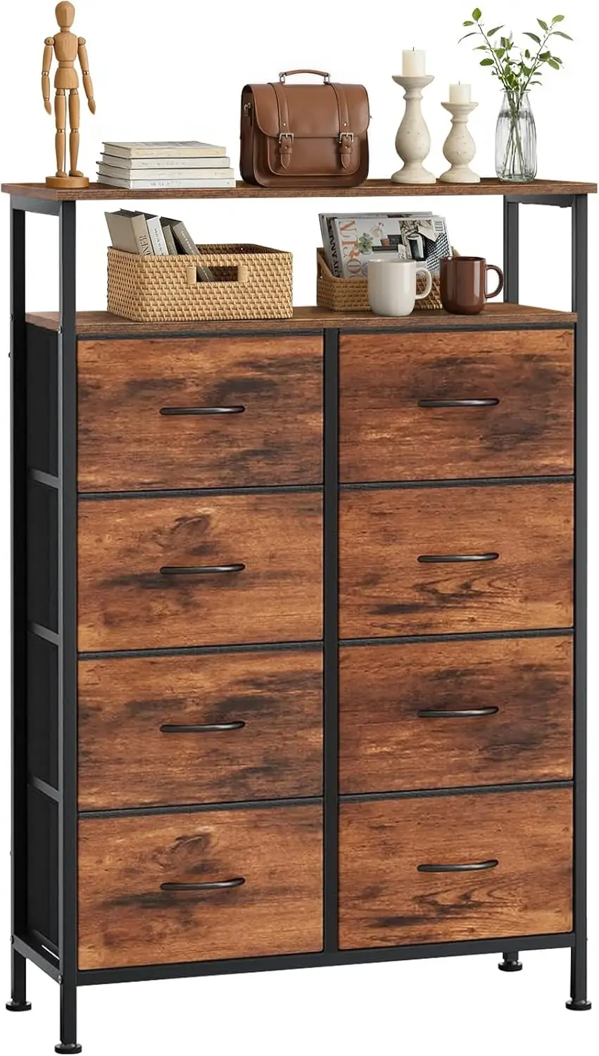 8 Drawers Dresser with Open Shelf, 46" Tall Storage Organizer Chest of Drawer with Wooden Top, Sturdy Metal Frame for Bedroom