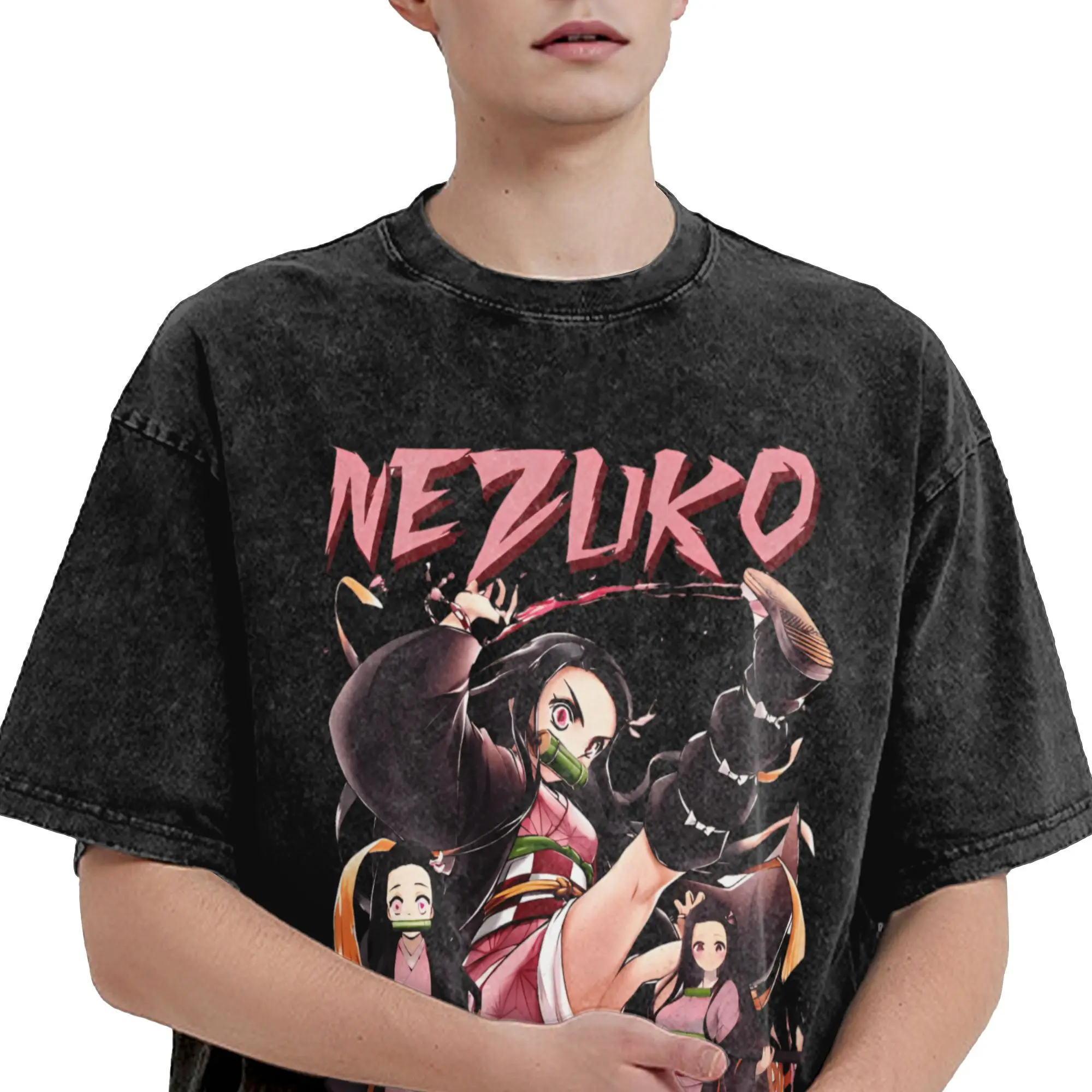 كامادو Nezuko تي شيرت الصيف الكرتون خمر تي شيرت القطن الهبي التي شيرت للزوجين قصيرة الأكمام فضفاضة تي شيرت