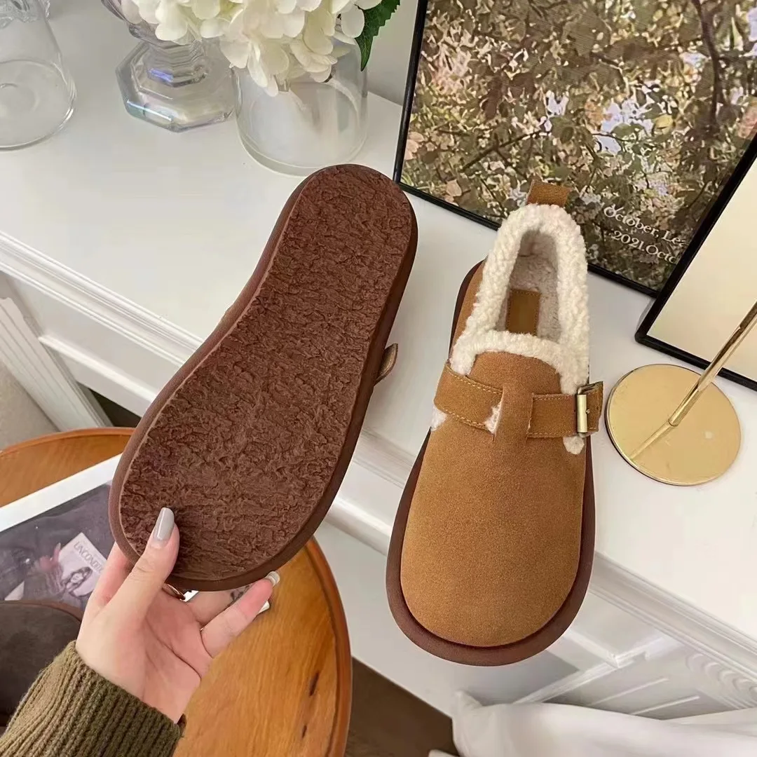2024 New Women's Fleece Shoes Winter Warm Snow Boots Thick Sole Round Head Comfort Cotton Shoes Casual Bean Shoes Loafers Urban