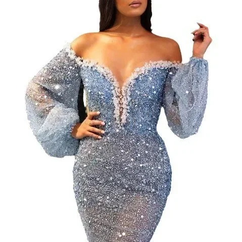 2024 New Spring Summer Women\'s Clothing European Style Dress Elegant Splashed V-neck Transparent Fish Tail Evening Dress