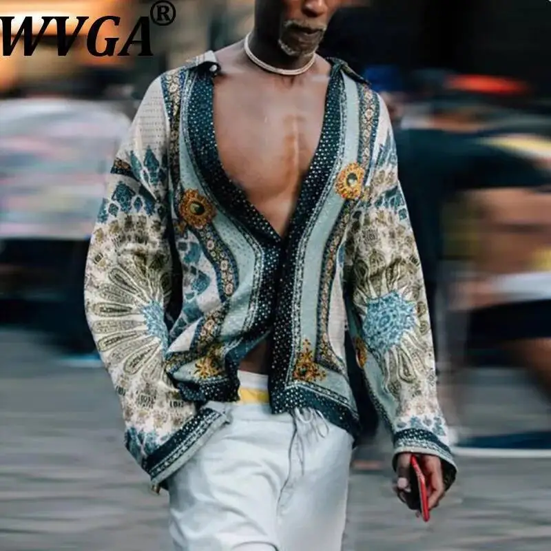 

WVGA Summer New Men Tide Printed Color Block Loose Trendy Long Sleeved Shirts Niche Chic Casual Turn-Down Collar Tops Ins W23787