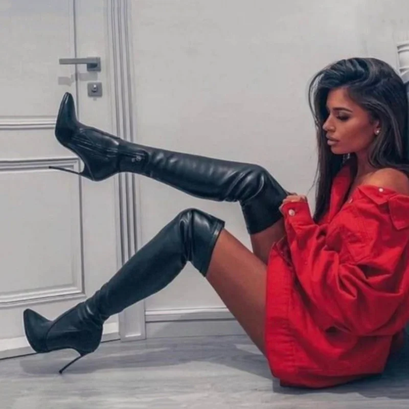 Sexy High Heels Red Women Over The Knee Boots Dress Party Shoes Winter 2023 Side Zip Pointed Elastic Long Boots Footwear