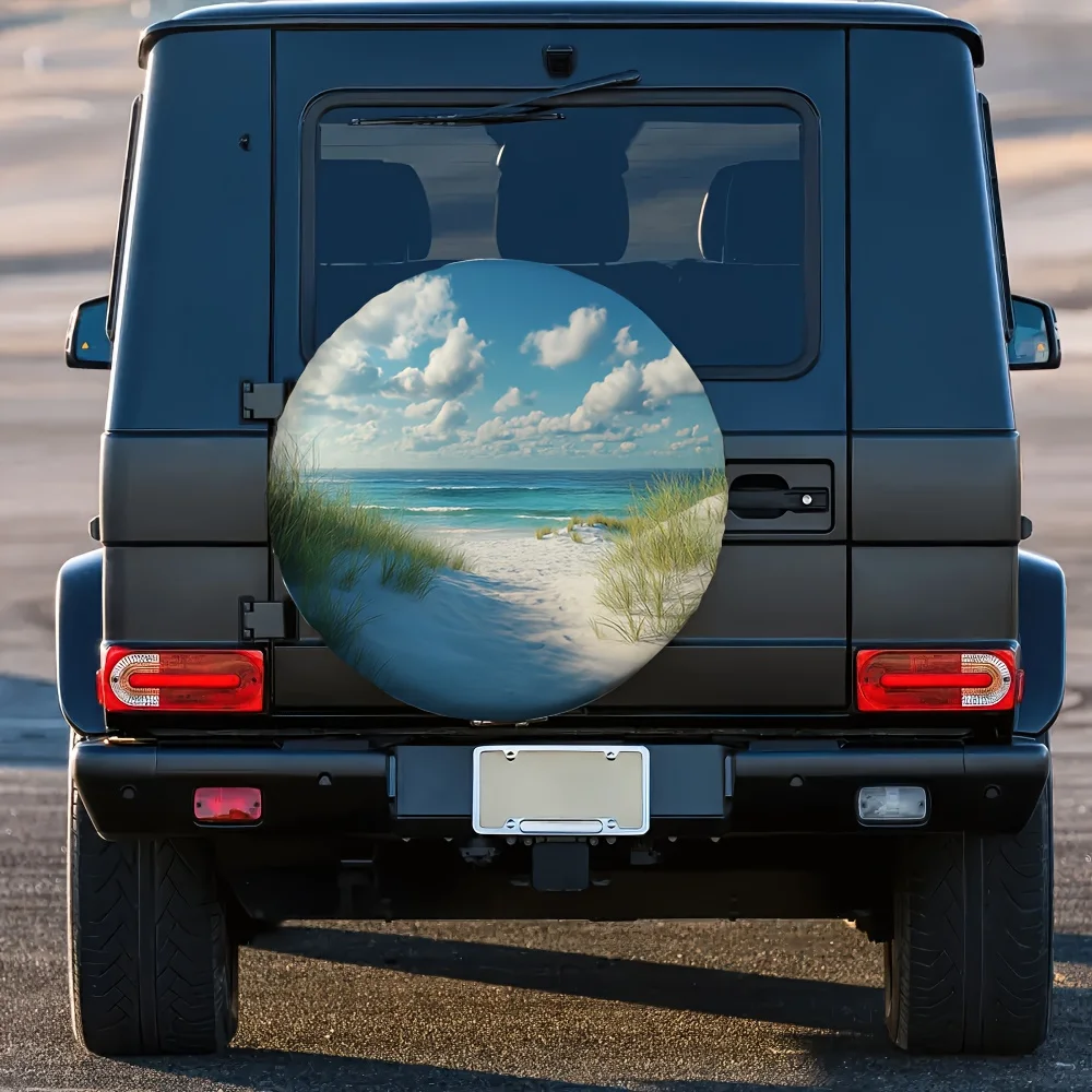 A 2D Printed Tire Cover Featuring A Trendy Beach Sand Ocean Design, Made Of 100% Polyester Material, Suitable For Truck Tire Dec