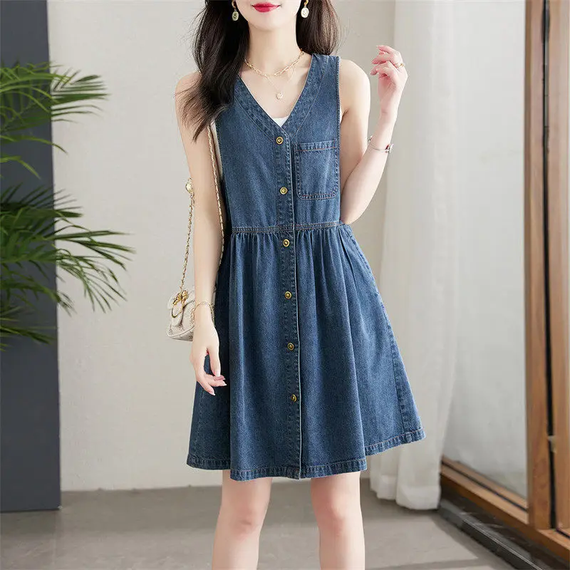 Women High Waist Retro Denim Dress V-neck Sleeveless Tank Korean Style Sweet Fashion A-Line Female Elegant Single Breasted Vesti