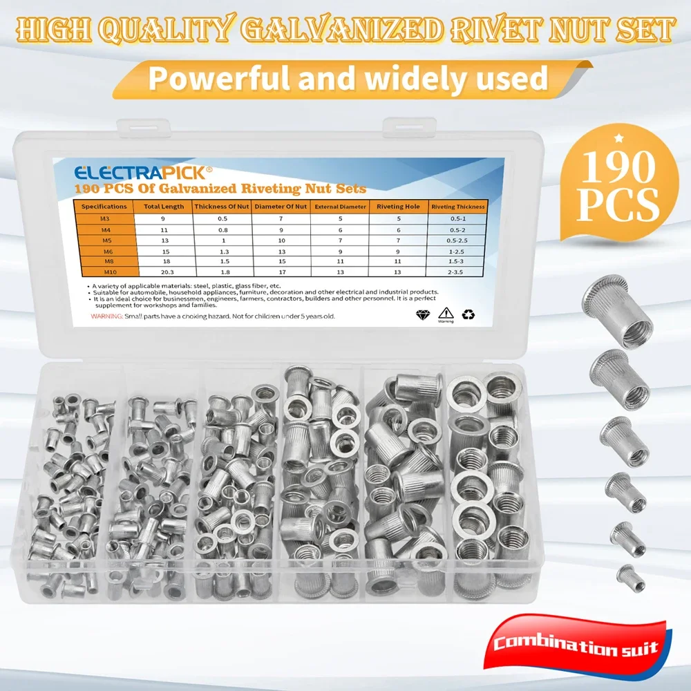 

190pcs Rivetnuts Blind Set Nutserts Threaded Insert Nutsert Cap Flat Head Rivet Nuts Aluminium M3 M4 M5 M6 M8 M10