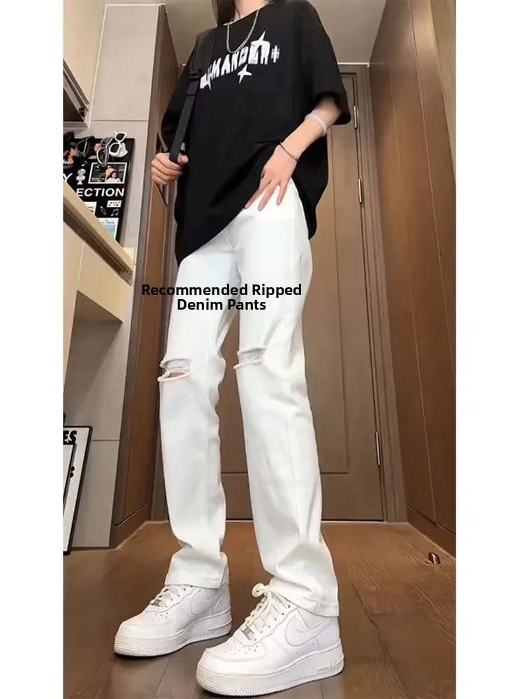 

Белые рваные джинсы с высокой талией, мужские летние американские брюки High Street Cleanfit, узкие прямые микро-расклешенные ноги