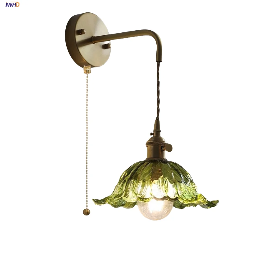 

IWHD Wire Adjustable LED Wall Lamp Sconce Bedroom Cafe Balcony Green Flower Glass Copper Pull Chain Bathroom Mirror Light Lampen