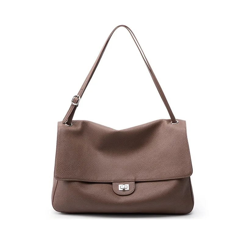 Genuine Cowhide Underarm Shoulder Bag for Women Adjustable Strap Flap Leather Work Tote Bag Large Capacity Commute Handbag