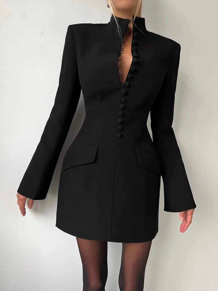 Spring New Elegant Fashion Office Style Dress Woman Button Pocket Decoration Stand Collar Simple Full Sleeve Casual Mini Bodycon