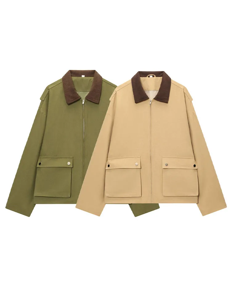 

HH Women's Winter New Fashion Loose Splicing Collar Pocket Decoration Wide Coat Female Elegant Casual Zipper Long Sleeved Jacket