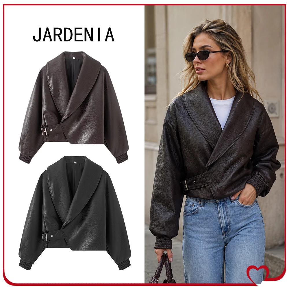 Elegant Fashion Faux Leather Buckle Jackets for Women High Street Lapel Collar Jacket with Belted Wrap Closure and Elastic Cuffs
