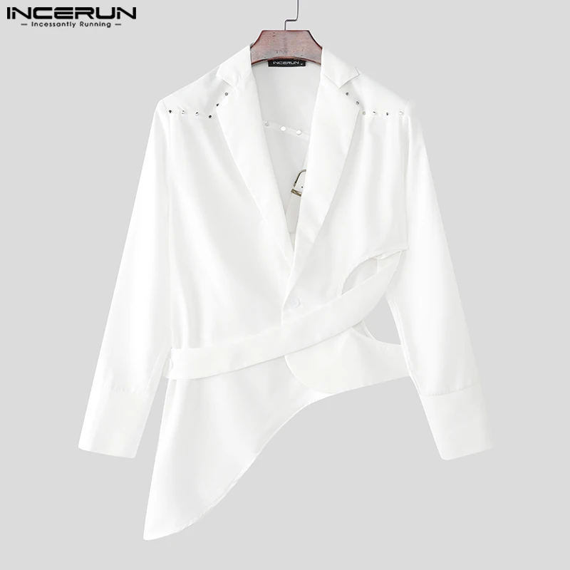 INCERUN Męska asymetryczna marynarka, jednolity kolor, klapy, długi rękaw, ażurowa, casualowy garnitur męski, moda streetwear, cienkie płaszcze, męska marynarka