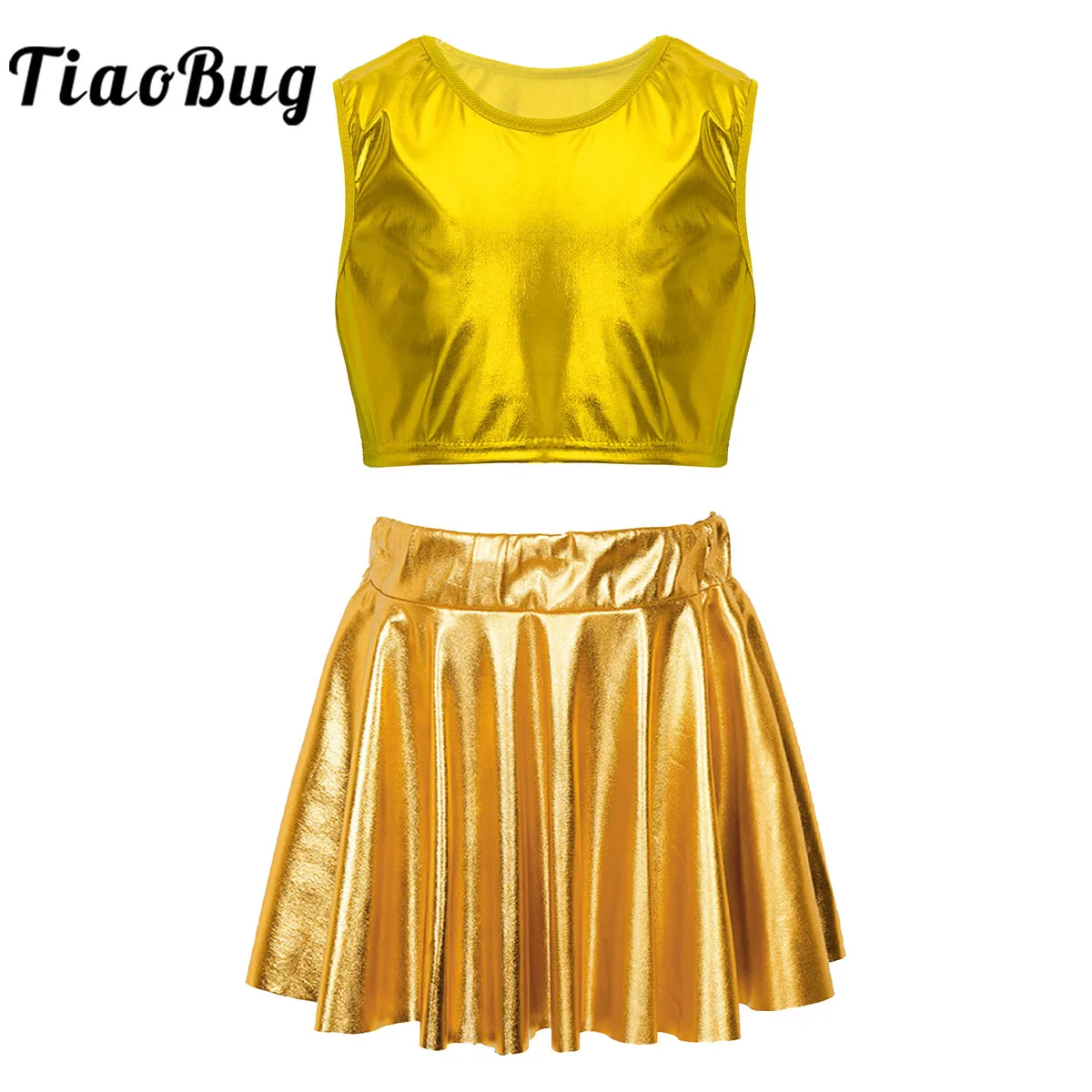 

Kids Girl Metallic Glossy Crop Top with Skirt Set Modern Jazz Hip hop Leotards Dancewear Cheerleading Uniforms Performance Dress