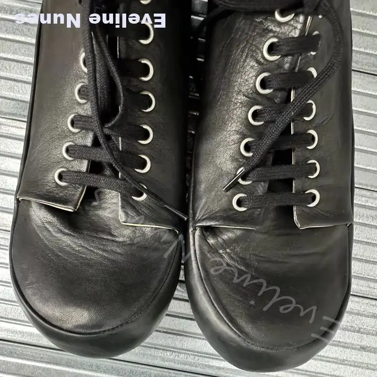 Men Distressed Leather Lace Up Sneakers Minimalist Wide Round Toe Soft Thick Sole Casual Shoes Retro Streetwear Daily Flats