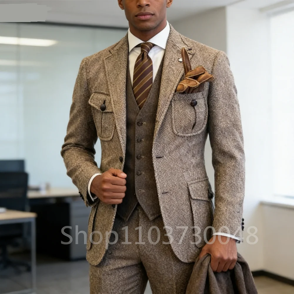 

Men's Brown Tweed Blazer Smoking Single Breasted Formal Business Wedding Suit XS-6XL Fish Spine Design Cashmere Jacket