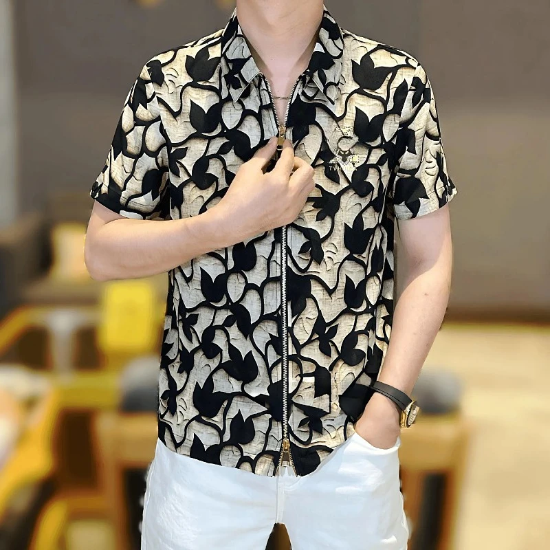

British Style Flower Cardigan Shirt Men Double Zipper Short Sleeved Casual Shirts Handsome Collar Social Streetwear Top 2025