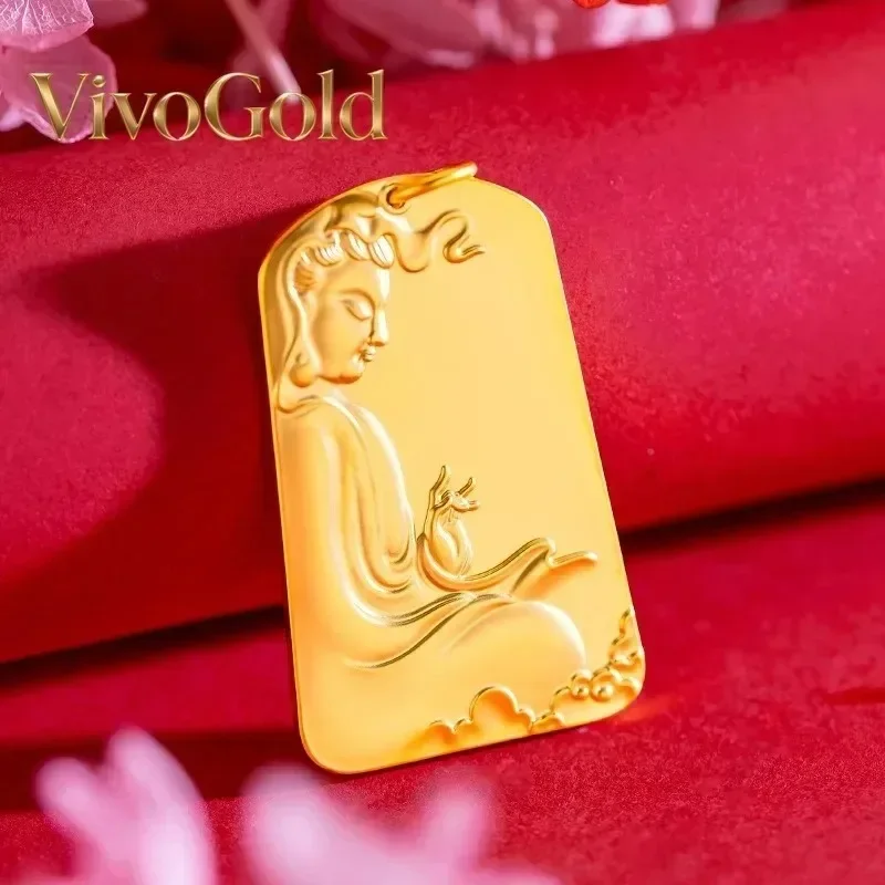 

VivoGold Ethnic Style 9999 24K Real Gold Guanyin Pendant Men's Retro Good Luck Pendants Gold Auspicious Cloud Pendant with Rope