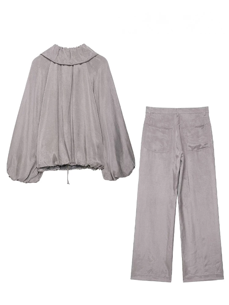 HH Chaqueta de piloto ajustada de manga larga con cremallera y solapa con cordón para mujer + pantalones con bolsillos textura satinada conjunto elegante de 2 piezas de verano sólido