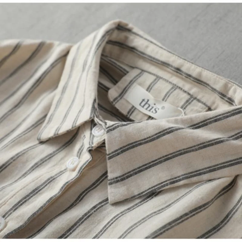 Chaqueta de primavera y otoño, nueva camisa holgada a rayas literarias, Top de manga larga para mujer