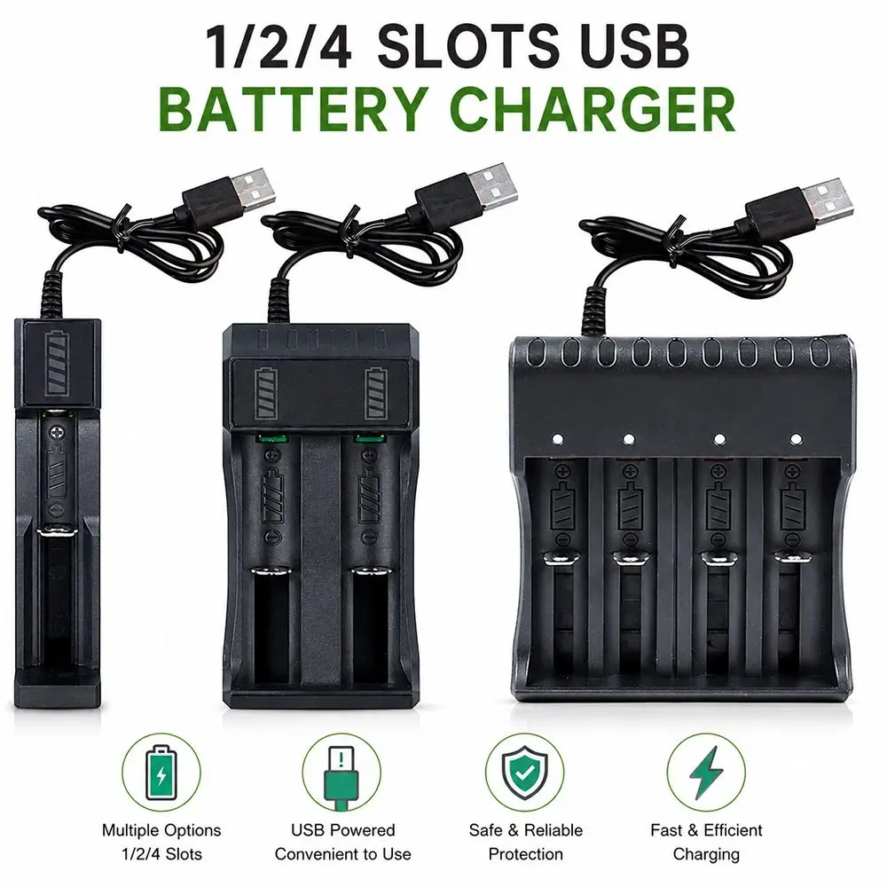 1Pcs 1/2/4 Slots 18650 Battery Charger DC 5V Input 4.2V Output USB Lithium Charger LED Indicator Red/Green Independent Charging