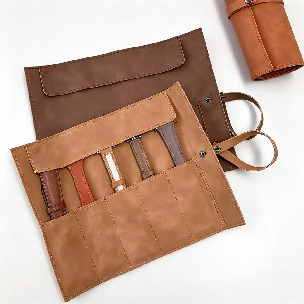2026 Watch Band Roll Organizer 5 Slots, Full Grain Leather Handmade Travel Storage Case, Portable Watch Strap Holder Box for Wat