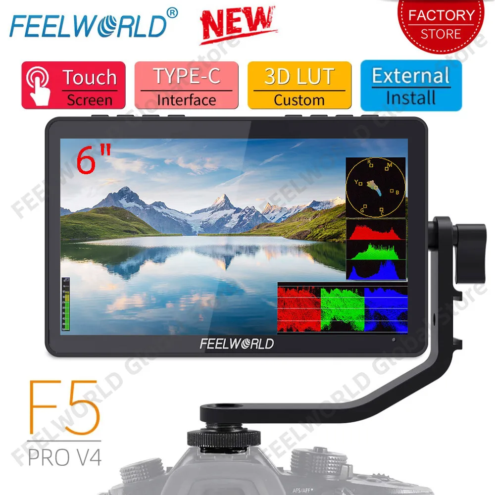 طقم خارجي من feel world F5 Pro V4 شاشة 6 بوصة تعمل باللمس شاشة محمولة كاميرا DSLR ثلاثية الأبعاد LUT دقة كاملة 1920x1080 4K HDMI داخل الخارج F970