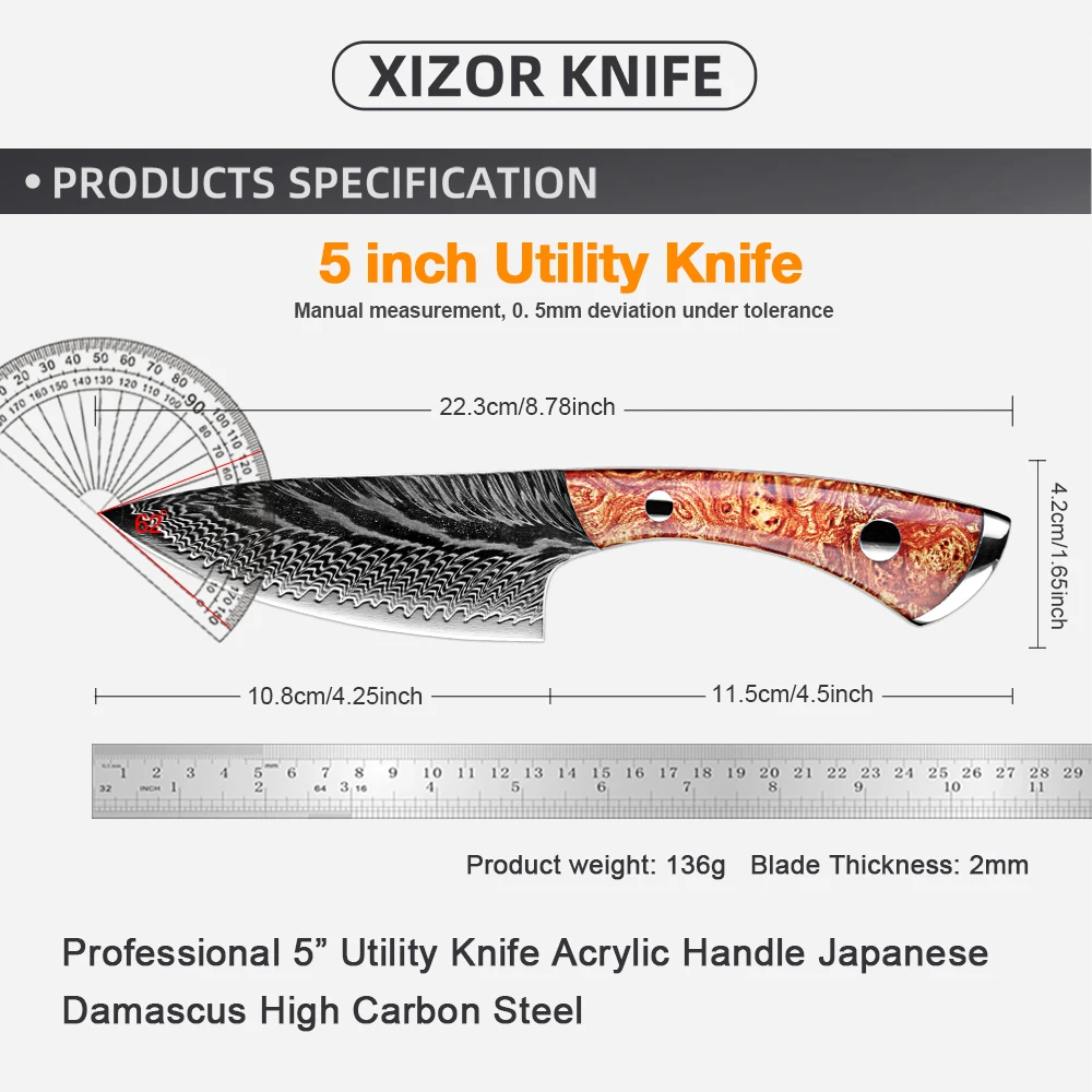 Damascus Utility Knife Fillet Knife Japanese Damascus Steel Razor Sharp Kitchen Chef Knife for Fish Poultry Chicken Meat Cutting